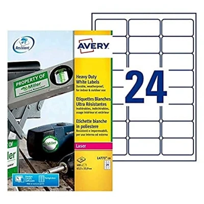 Image of Avery L4773 20 480x Ultra Resistant Labels 63.5 x 33.9 mm White for Laser Printers