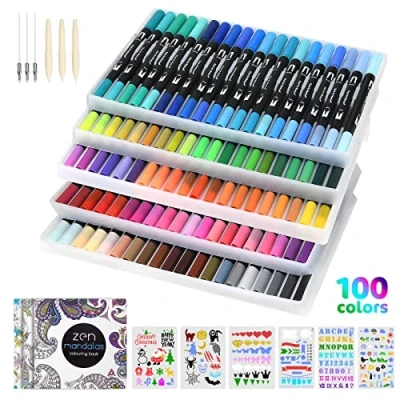 Image of Vicloon Dual Tip Brush Pens, 100 Colors Fineliners Colouring Pens with 6 Replacement Refills,6 Drawing Cards,3 Books,Dual Felt for Adult Books, Drawing, Sketching, DIY Craft