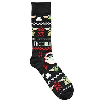 Image of Star Wars Baby Yoda Ugly Sweater Pattern Men&#039;s Crew Christmas Socks