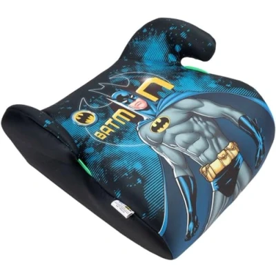 Image of Dc Comics Batman Car Booster Seat i Size ECE R129. for Child Safety with a Height from 125 to 150 cm. Superhero Graphics, Blue Background.