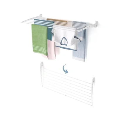 Image of Foxydry Fold, Wall Mounted Clothes Drying Rack, Foldable Aluminum Design Ideal for Indoor and Outdoor Use. Dimensions: 118x50x50 cm / 46.4x19.6x19.6 in