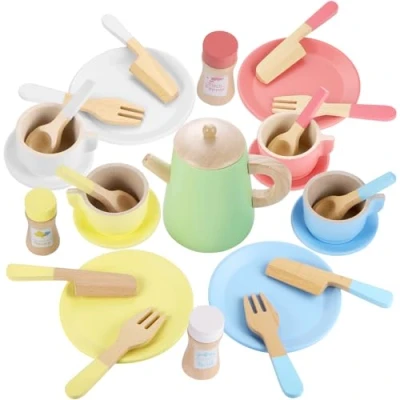 Image of GAGAKU Wooden Tea Set Toy kitchen Dish Toddler Plates and Cutlery Accessories 28PCS Kids Role Play Gift for Age 3+ Years