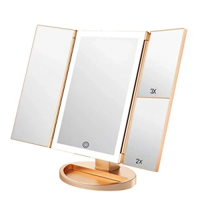 Image of WEILY Lighted Vanity Makeup Mirror 1x/2x/3x Magnification Trifold 36 LED Lights Touch Screen USB charging, 180 Degree Adjustable Stand Countertop Cosmetic Mirror(Gold)