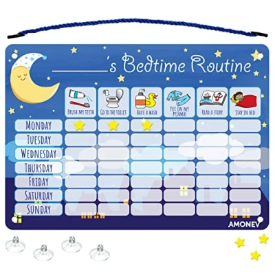 Image of Amonev Children&#039;s Magnetic Bedtime Routine Reward Chart. Sticker Reusable Wall Chart (Blue)