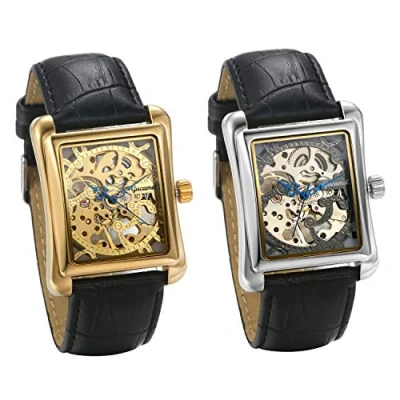 Image of JewelryWe Mens Watches Automatic Mechanical Watch Skeleton Square Dial Leather Wrist