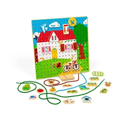 Image of Bigjigs Toys House Lace a Shape Game 30 Geometric Lacing Cards &amp; 6 Laces, Fine Motor Skills Toys, Threading for 2+ Year Olds, Ideal Early Learning Toddler Toy
