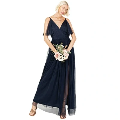 Image of Anaya with Love Women&#039;s Ladies Women Long Length Maxi Short Sleeve Cami V Neckline Empire Waist Bridesmaid Dress, Navy Blue, 16 UK