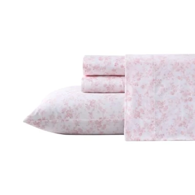 Image of Laura Ashley Home Queen Sheet Set, Soft Sateen Cotton Bedding Set Sleek, Smooth, &amp; Breathable,Bella Pink