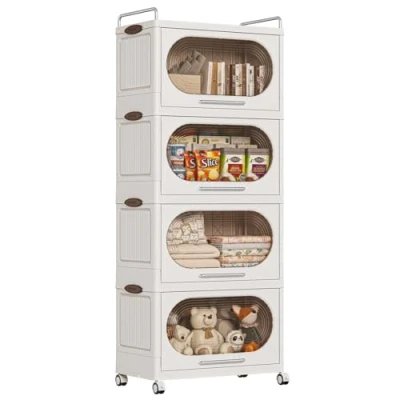 Image of Dripex Storage box with Lids, 4 Tier Folding Doors and Wheels, Stackable Organizers for Home Kitchen Office