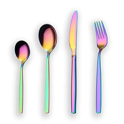 Image of Berglander 24 Piece Titanium Rainbow Color Plated Stainless Steel Cutlery Set, Pieces Colorful Flatware Mutil Silverware Set Sets, Service for 6 (Shiny Rainbow)