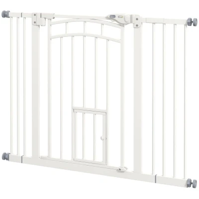 Image of PawHut Stair Gate Dog Pet Barrier Pressure Fit Safety with Small Cat Door, Auto Closing System, Double Locking, Hallways, 74 100Wcm Openings White