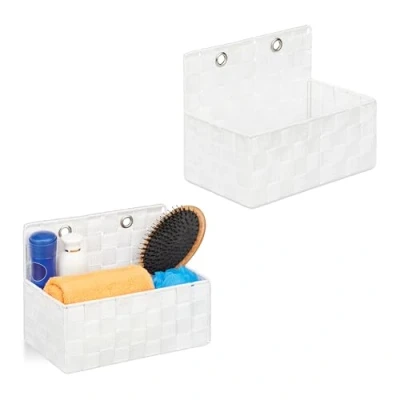 Image of Relaxdays Hanging Storage Basket, Set of 2, Wicker Look, Bathroom or Hallway, Wall Mounted Organiser, 20x25x6.5cm, Whitw, Plastic, Iron