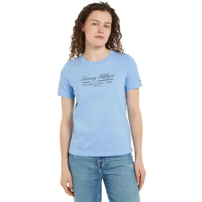 Image of Tommy Hilfiger Women&#039;s Reg Script Graphic C nk Ss Ww0ww43502 S/S T Shirt, Blue (Vessel Blue), M