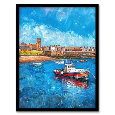 Image of Artery8 North England Coastal Town Fishing Boats Painting Living Room Artwork Framed Wall Art Print 18X24 Inch