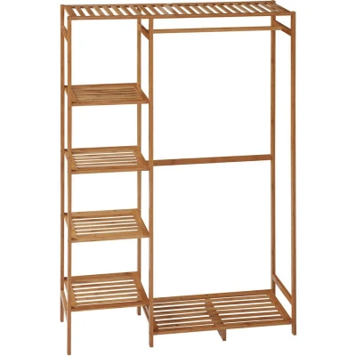 Image of HOMCOM Bamboo Clothes Rail for Bedroom, Garment Rack with 6 Tier Storage Shelf and Hanging Rod, Living Room, Entryway, Natural Wood Effect