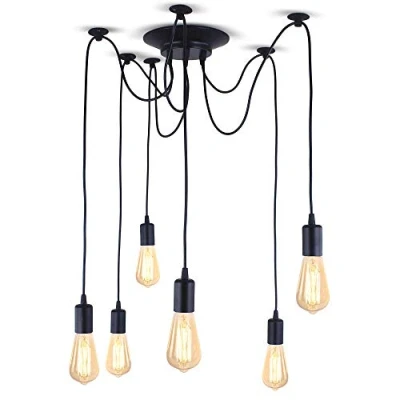 Image of iDEGU Modern and Retro Pendant Light, 6 Arms DIY Spider Chandelier Creative Adjustable 150CM Vintage Ceiling Lamp Fixture with E27 Socket, Black (6 Lights)