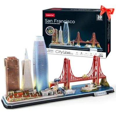 Image of CubicFun 3D Puzzles for Kids Adults LED San Francisco City Architecture Model, Golden Gate Bridge, 555 California Street and Other SF Landmarks Jigsaw Birthday Gifts Boys Girls Her Him