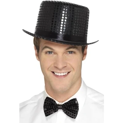 Image of Smiffys Sequin Top Hat, Black with Elastic Inner Rim, Party &amp; Carnival Fancy Dress, Adult Dress Up Hats
