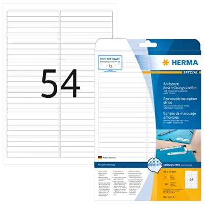 Image of HERMA Self Adhesive Suspension File Tab Labels, 54 Labels per A4 Sheet, 25 Sheets, 96 x 10 mm, 1350 Blank Removable Mini Stickers, Sticky for Laser &amp; Inkjet Printer, White