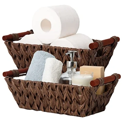 Image of GRANNY SAYS Woven Storage Baskets, Pack of 2 Wicker Baskets with Wooden Handles, Handwoven for Organising, Small Waterproof Box Organiser, Brown
