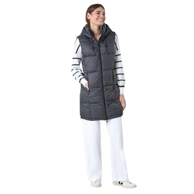 Image of Roman Originals Quilted Gilet with Hood for Women UK Ladies Sleeveless Coat Hooded Jacket Padded Bodywarmer Winter Lightweight Warm Autumn Funnel Neck Longline Soft Bubbly Charcoal Size 12