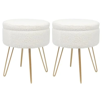 Image of Harbour Housewares 2x Cream/Gold H46 x D37cm Round Boucle Storage Footstools Living Room Dressing Table Footstool Ottoman Pouffe Chair Seat