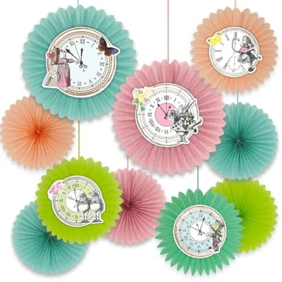 Image of Talking Tables 10 x Alice in Wonderland Party Decorations Pastel Clock Fans Paper Hanging Decoration for Kids Birthdays, Mad Hatter Tea Decor, Onederland, Baby Shower