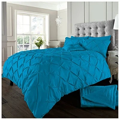 Image of GC GAVENO CAVAILIA Pinch Pleat Duvet Cover Sets, Pintuck Bedding Set With Matching Pillowcases, Super King Bed Teal
