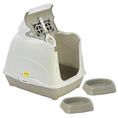 Image of Cat CENTRE Grey Hooded Litter Tray + 2x0.2L Non Slip Bowls Toilet Loo Filter Scoop Pan