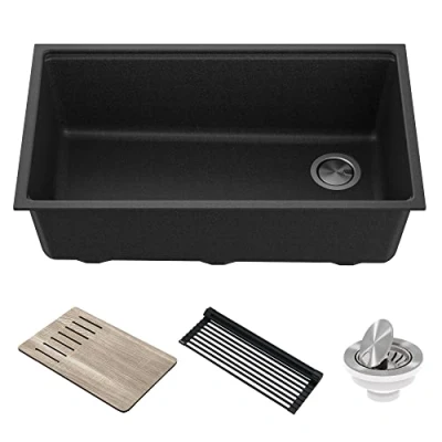 Image of Kraus KGUW2 33MBL Bellucci Undermount, Single Bowl Granite Black Kitchen Sink Workstation with Accessories, 81.28 cm