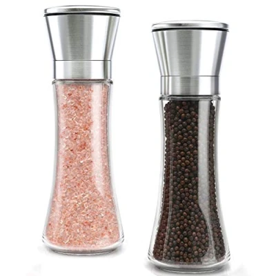 Image of YMTECH Salt and Pepper Grinder Set, Premium Pair of &amp; Peppercorn Mills with Manually Adjustable Coarseness, Brushed Stainless Steel Glass Body Shakers (Short)