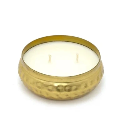 Image of 2 Wick Scented Candle Bohemian Style Gold Metal Round Display Bowl Fragrance And Holder Pot 10cm