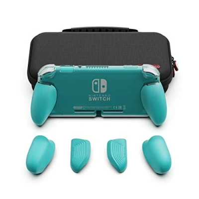 Image of Skull &amp; Co. GripCase Lite Bundle: A Comfortable Protective Case with Replaceable Grips [to fit all hands sizes] for Nintendo Switch [with Carrying Case] Turquoise