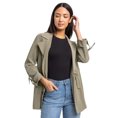 Image of Roman Originals Tie Waist Jacket for Women UK Ladies Summer Coat Spring Daywear Holiday Longline Long Sleeve Comfy Everyday Smart Jackets Khaki Size 20