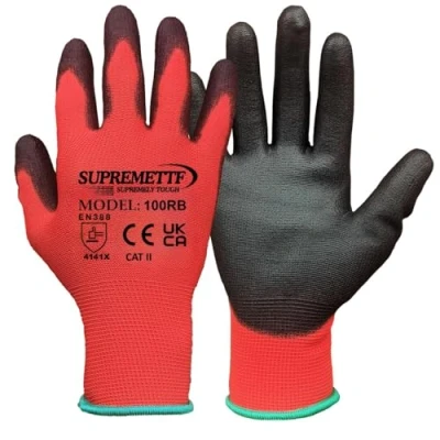 Image of Pack of 12 or 240 Pairs Work Gloves, Red Black Safety Outdoors PU and Nylon Non Slip Handling Protective For Gardening, Builders, Mechanincs Etc (12, XL 10)