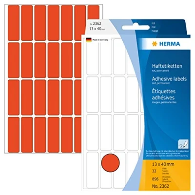 Image of HERMA Multi Purpose Labels, 28 Labels per Sheet, 32 Sheets, 13 x 40 mm, 896 Self Adhesive Small Stickers, Blank Sticky for Office Kitchen Home, Red