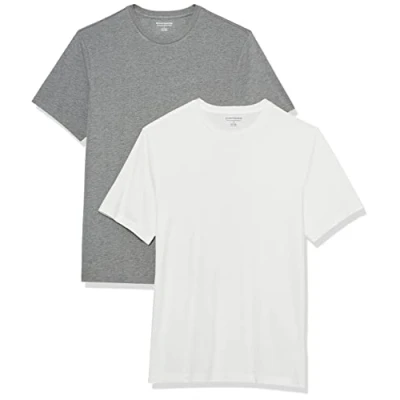Image of Amazon Essentials Men&#039;s T Shirt Slim Fit Short Sleeve Crewneck, Pack of 2, Grey Heather/White, L