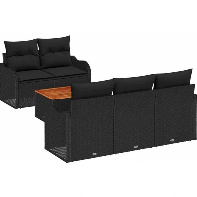 Image of vidaXL 6 Piece Garden Sofa Set with Cushions Black Poly Rattan Acacia