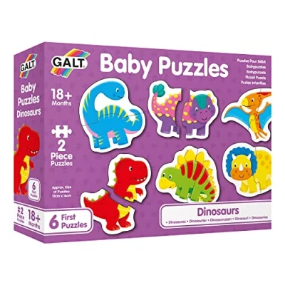 Image of Galt, Baby Puzzles Dinosaurs, Jigsaw for Kids, 6 x 2 Piece puzzles, Ages 18 months Plus, Brown, Green, Grey
