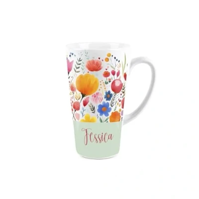 Image of Personalised Latte Mug Bright Wildflowers Tall Ceramic Custom Tea/Coffee Present Name Gift