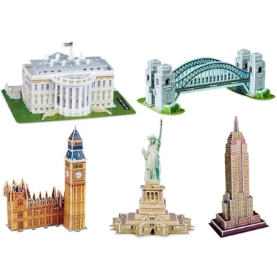 Image of Quickdraw 5 Pack of 3D Landmark Puzzles Make Build Your Own Figure Ornaments UK &amp; USA Famous Buildings Statues Craft Kit