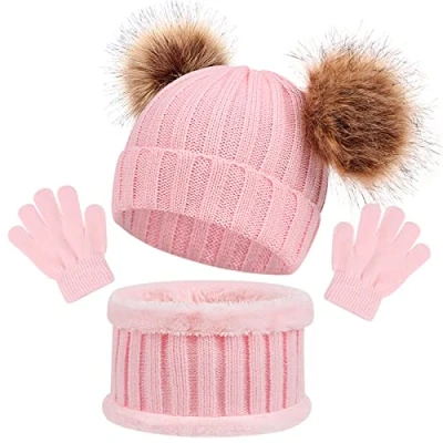 Image of 3PCS Knitted Beanie Hat Scarf Gloves Set Baby Girls Winter Thick Pom Cap Neck Warmer Boys Mittens for 1 6 Years old, Accessories Sets Children Outdoor Sports (Pink)