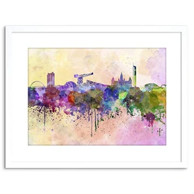 Image of Wee Blue Coo Painting Cityscape Paint Splash Skyline Glasgow Framed Wall Art Print