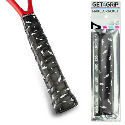 Image of GET A Grip Custom Tennis Racket Tape Anti Slip/Quick Drying Overgrips Precut Badminton with Finishing Squash Tapes (Charged Up (black), 1 Grip)