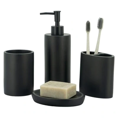 Image of zccz Bathroom Accessories Set, 4 Pieces, Marble Pattern, Set with Soap Dispenser, Toothbrush Holder, Tumbler, Dish