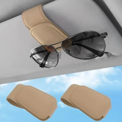 Image of 2 Pcs Sunglasses Holders for Car Visor,Car Magnetic Glasses Holder Leather Clip and Ticket Card Suitable Interior Visor Different Size Eyeglasses. (Beige/2 Packs)