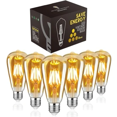 Image of Edison Light Bulb E27 LED, Woowtt Vintage Bulb, Dimmable LED Filament Lamp, Antique Amber, Warm Light, Retro Nostalgia Lighting, ST64, 220 V, Pack of 6
