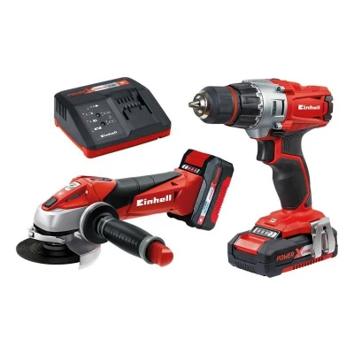 Image of Einhell Power x Change 18V Cordless Impact Drill And Angle Grinder With 2 Batteries Charger Expert Tool Set Battery Powered Twin Pack Combi