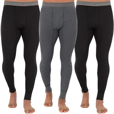 Image of Fruit of the Loom Men&#039;s Recycled Premium Waffle Thermal Underwear Long Johns Bottom (1, 2, 3, and 4 Packs) Pajama, Black/Black/Greystone Heather, Medium (Pack 3)