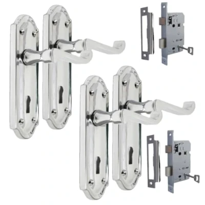 Image of Chrome Internal Door Handles Sets with SASH Lock,Chrome Handle Set for Doors,Door in (2 Pair of Lock + 3 Lever MORTICE Lock)